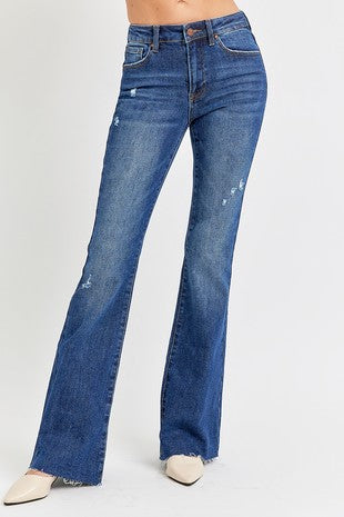 Risen Mid-Rise Flare Raw Hem - Dark Wash
