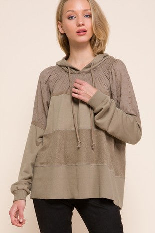 OLIVE MIXED MATERIAL HOODIE