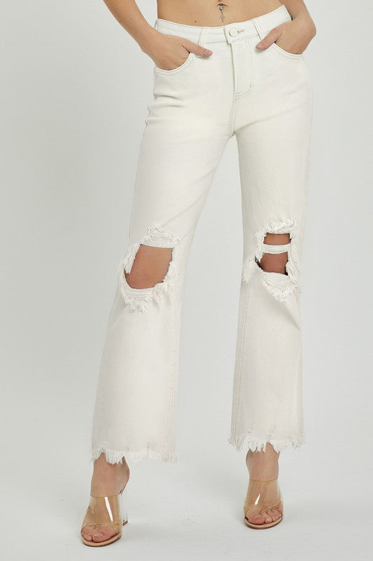 Hi-Rise Knee Distressed Straight Jeans- Cream