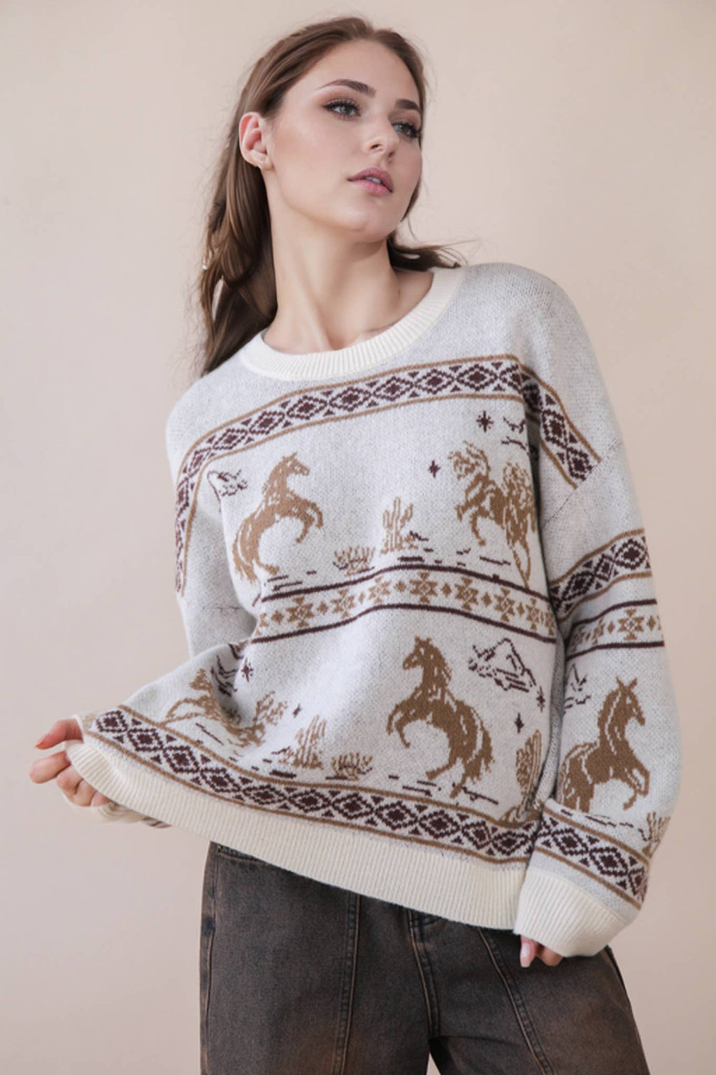 Oversized Western Graphic Knit Sweater