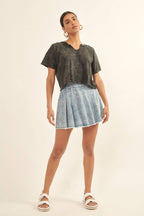 Distressed Mineral Washed Split-Neck Cropped Tee: Blush / S