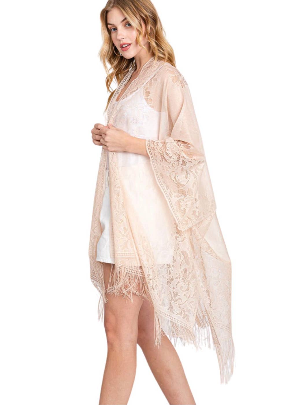 Beige Lace Kimono Boho Fringe Kimono