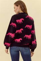 Horse Cardigan - Hot Pink & Black