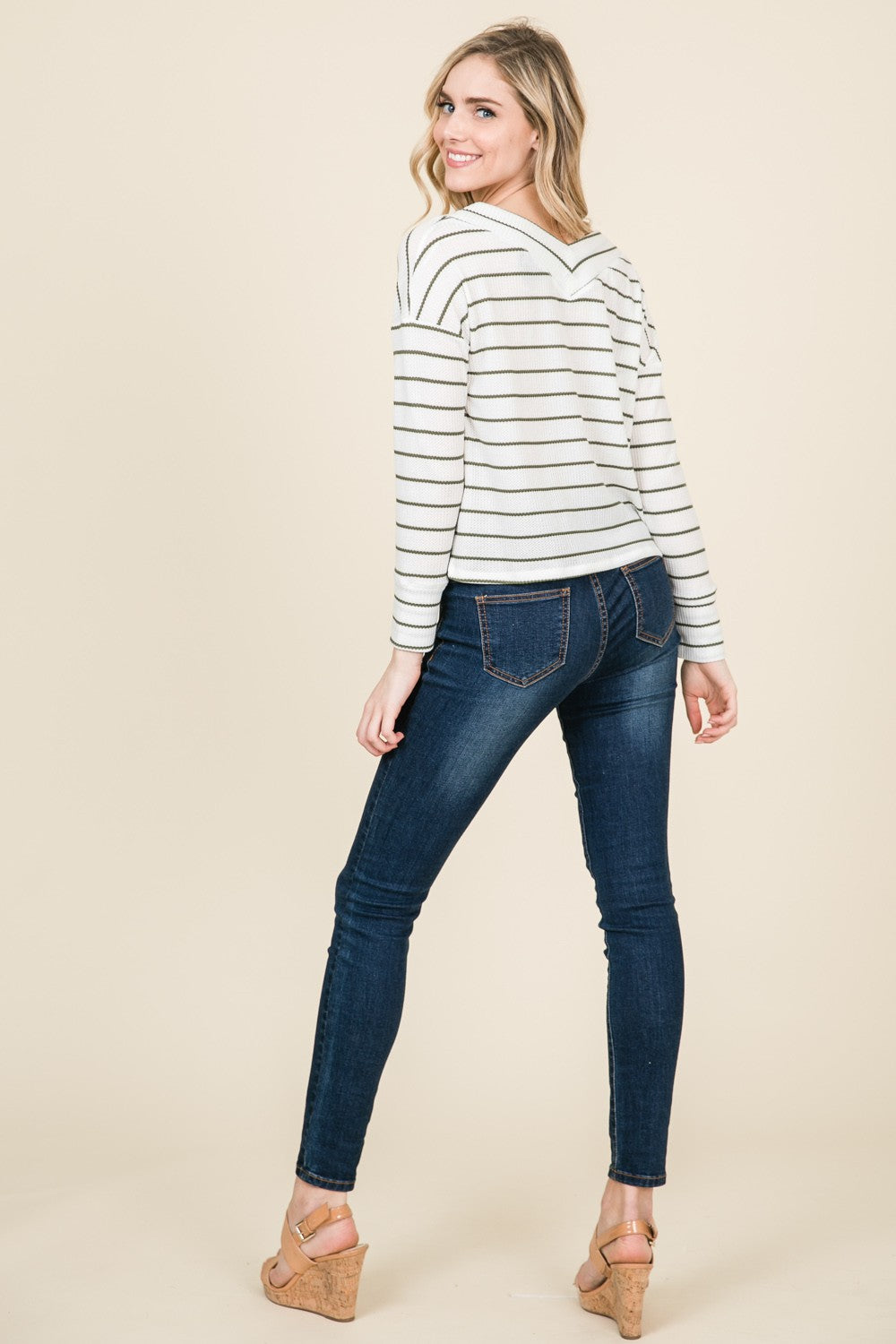 Stiped V-neck Waffle T-shirt