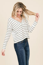 Stiped V-neck Waffle T-shirt