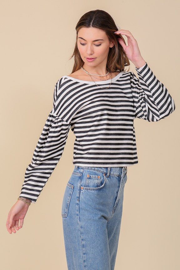 Striped Balloon Sleeve Top