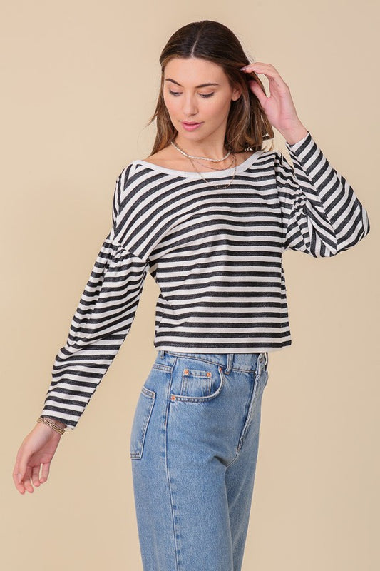 Striped Balloon Sleeve Top