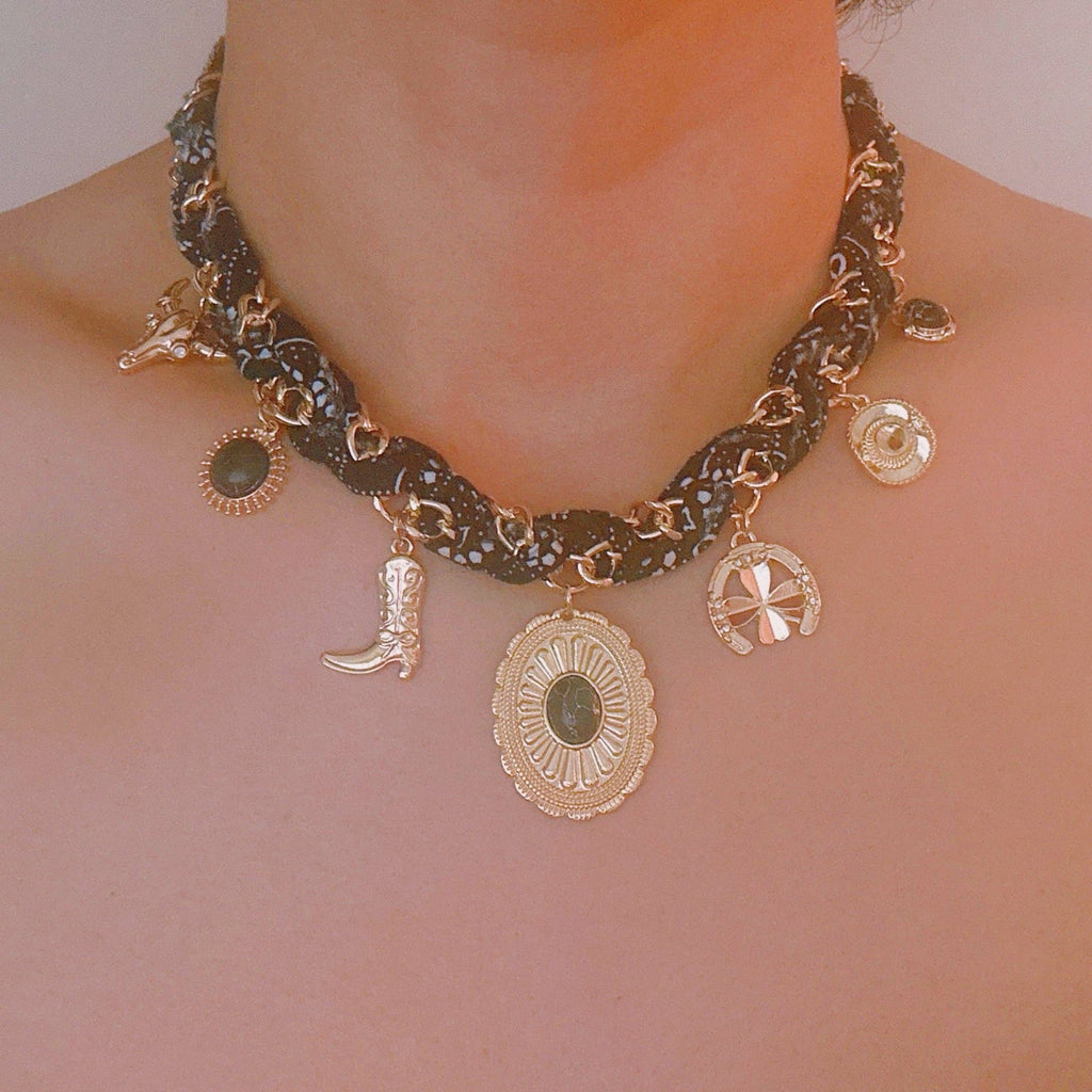 Wild West Desert Charm Scarf Necklace: Turquoise