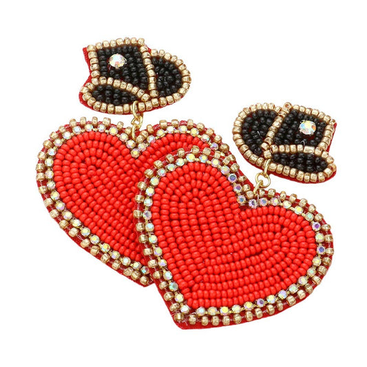 Red Heart Poker Hat Beaded Earrings