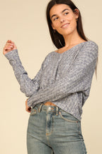 V-neck L/S Ribbed Top -Blue