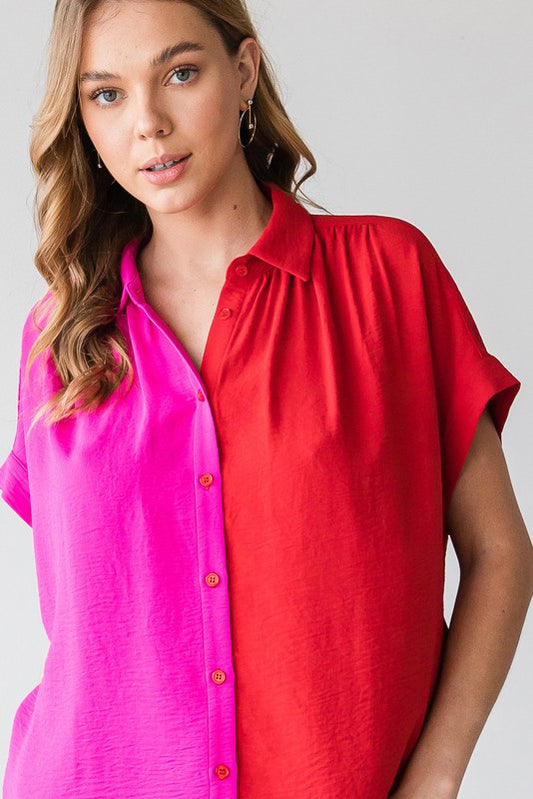 Red & Pink Colorblock Blouse