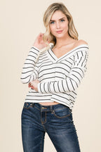 Stiped V-neck Waffle T-shirt