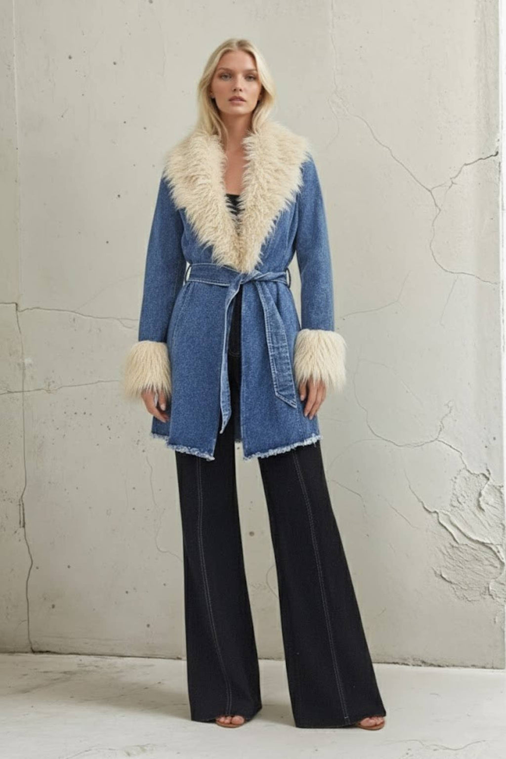 FAUX FUR DENIM COAT