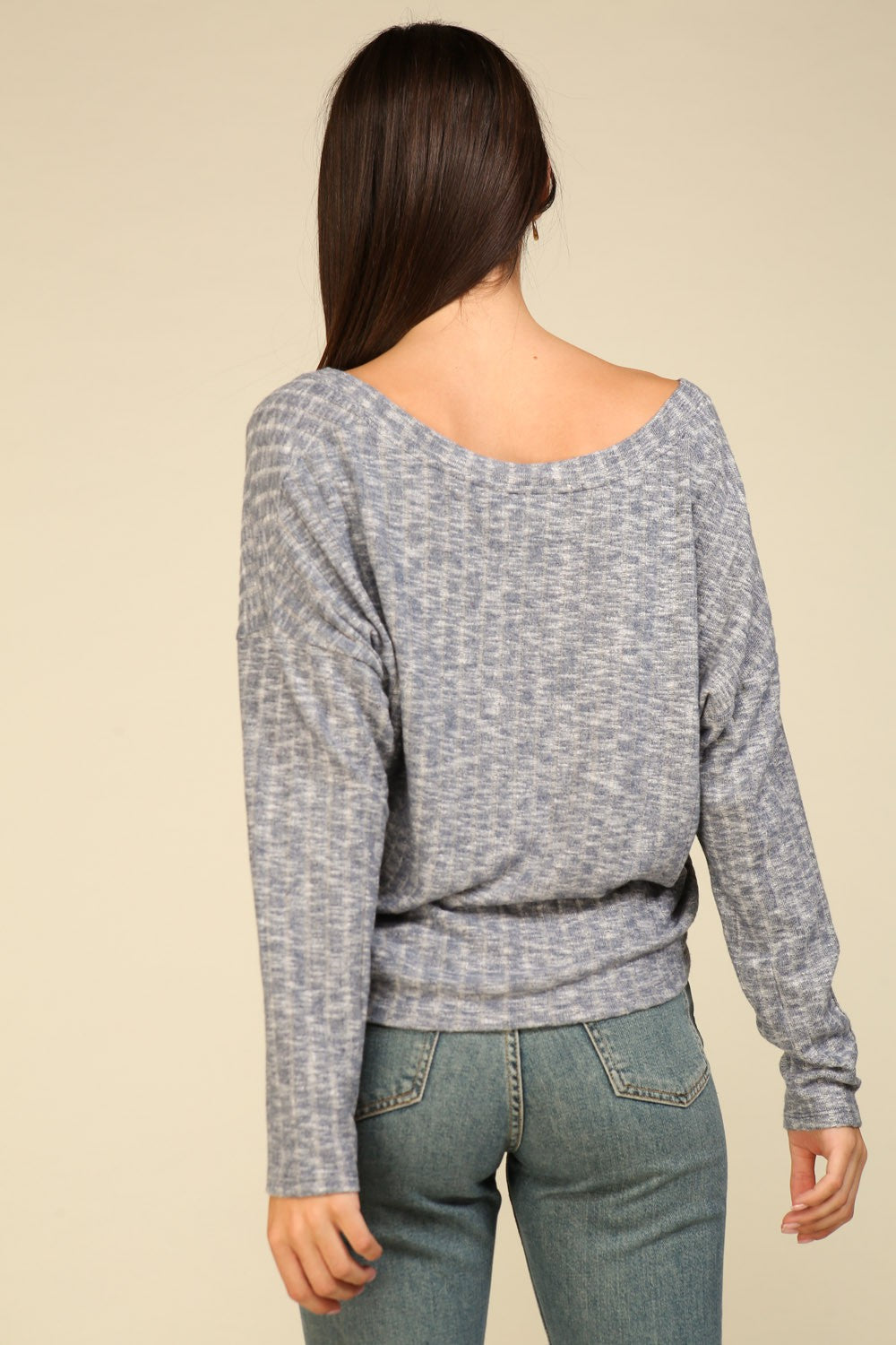 V-neck L/S Ribbed Top -Blue