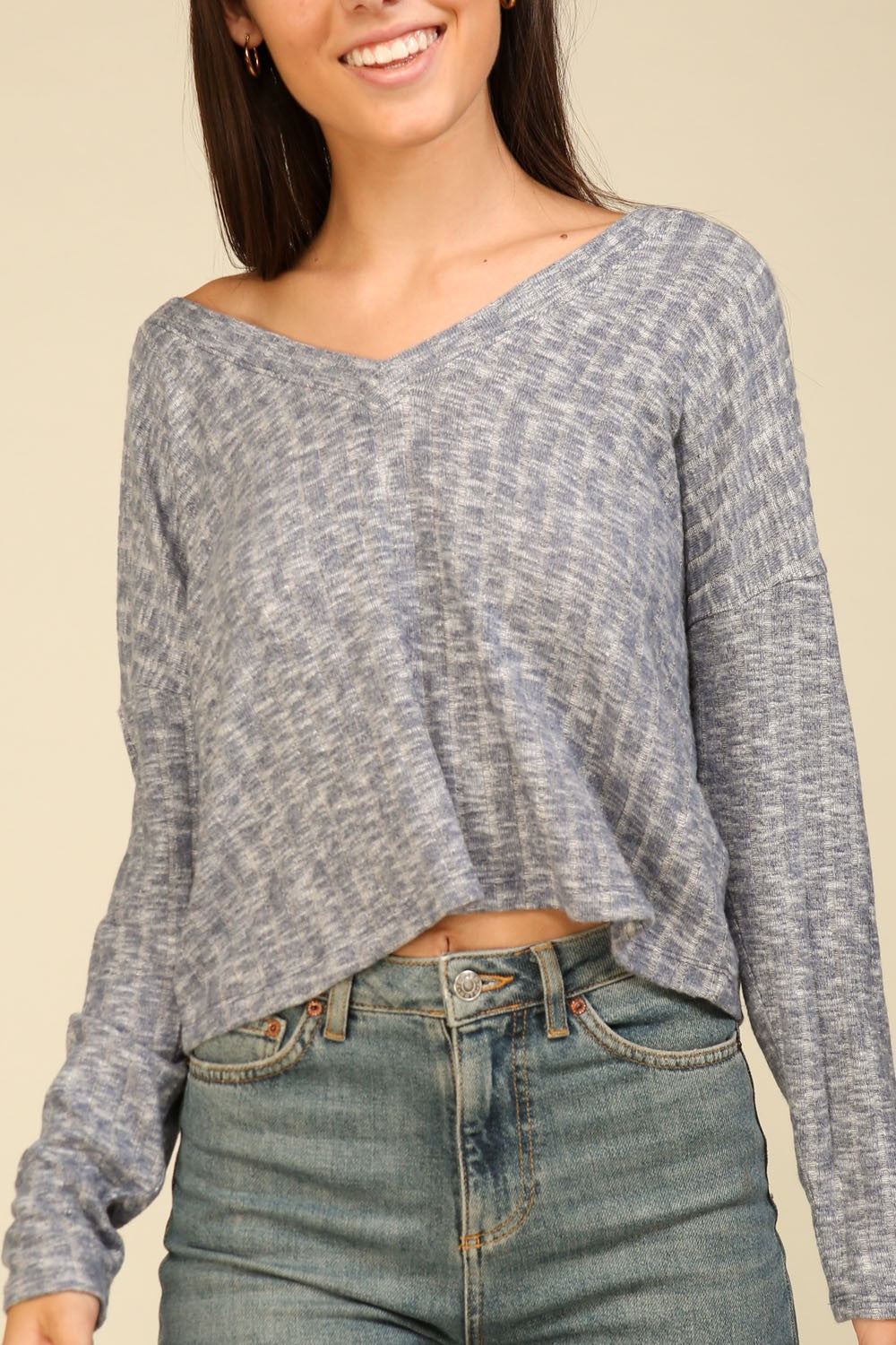 V-neck L/S Ribbed Top -Blue