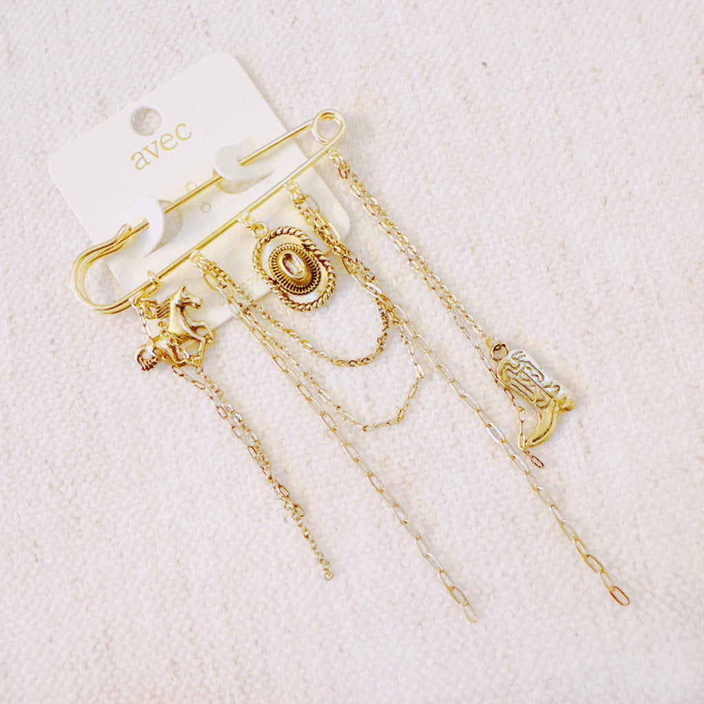 Western Charm Pin Brooch – Gold Safety Pin Style with Charms