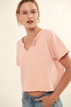 Distressed Mineral Washed Split-Neck Cropped Tee: Blush / S