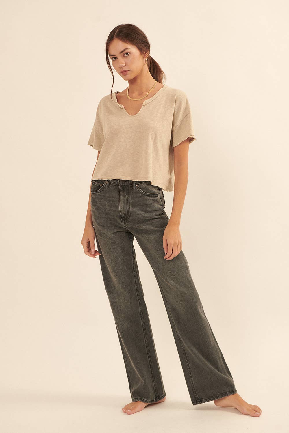 Distressed Mineral Washed Split-Neck Cropped Tee: Blush / S