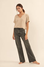 Distressed Mineral Washed Split-Neck Cropped Tee: Blush / S