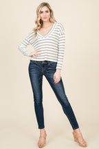 Stiped V-neck Waffle T-shirt