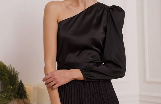 Black Satin One Shoulder Blouse