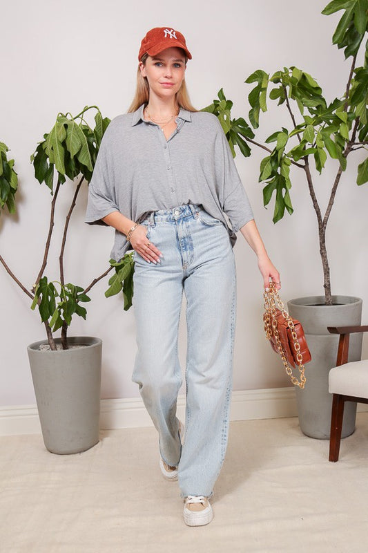 Oversize Button Down Top - Grey