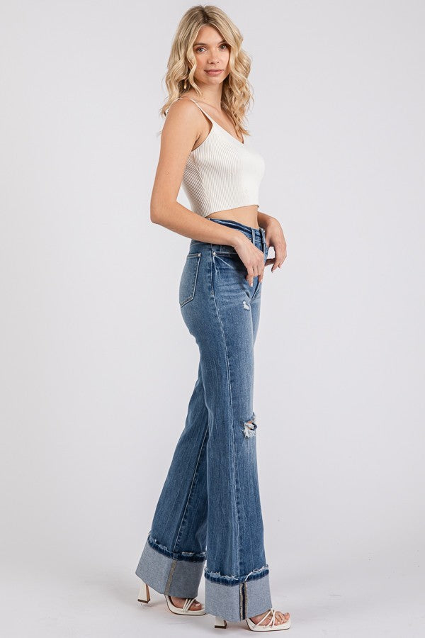 Petra153 Wide Leg Cuffed Denim Jeans
