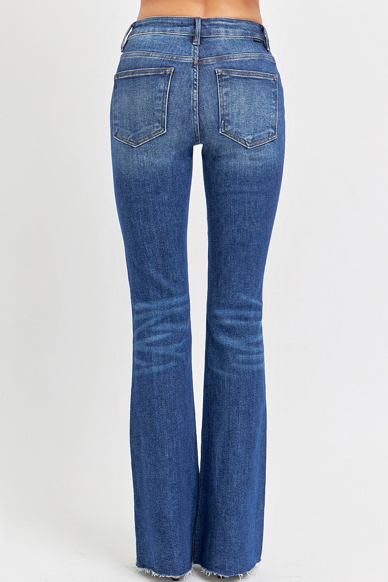 Risen Mid-Rise Flare Raw Hem - Dark Wash