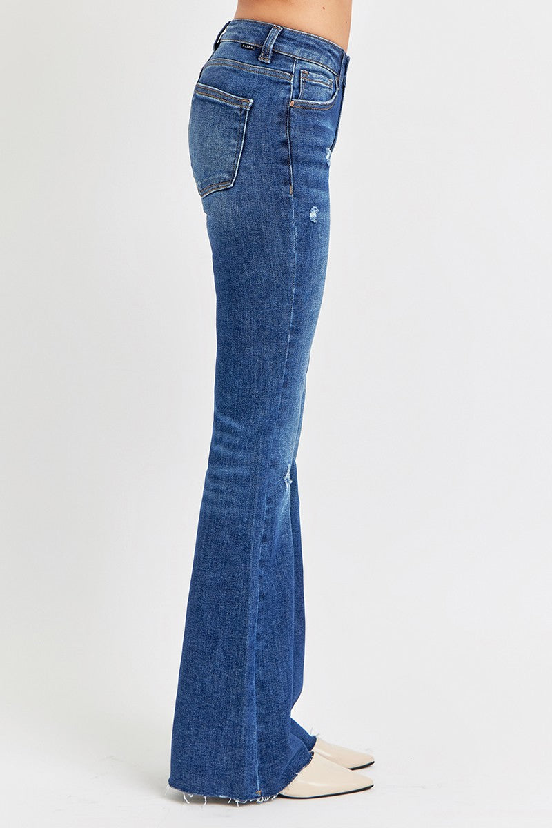 Risen Mid-Rise Flare Raw Hem - Dark Wash