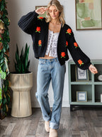 Floral Knit Cardigan - Black & Red