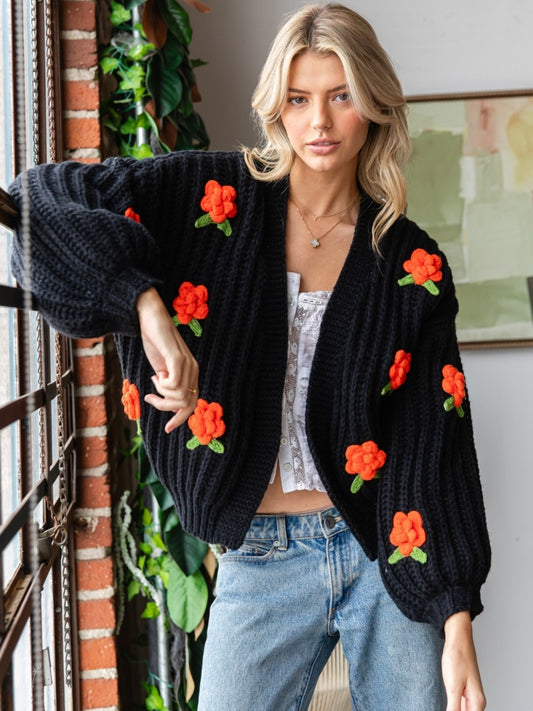 Floral Knit Cardigan - Black & Red