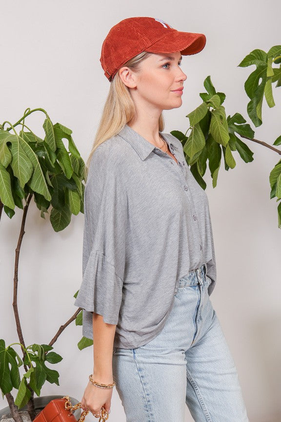 Oversize Button Down Top - Grey